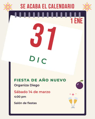 Se acaba el calendario. Un bloc de calendario con la hoja del 31 de diciembre despegándose para dejar ver el 1 de enero, con copas de brindis,…