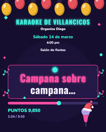 Karaoke de villancicos. Pantalla de karaoke con la letra de "Campana sobre campana", la bolita que rebota y el marcador de puntos.