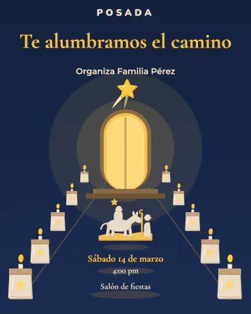Camino de luminarias. Luminarias que llevan hasta una puerta encendida.
