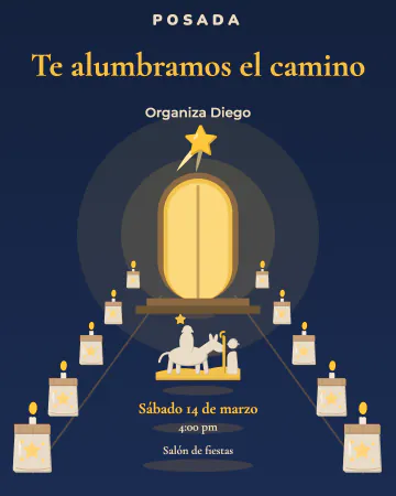 Te alumbramos el camino. Un camino de luminarias en perspectiva hacia una puerta encendida.