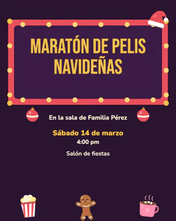 Pelis navideñas. Una marquesina de cine con focos, palomitas y chocolate caliente.