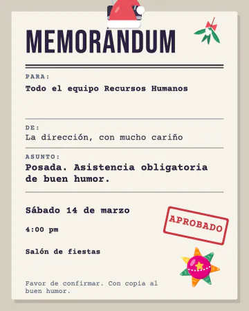 Memorándum. Un memorándum de oficina con renglones de «para», «de» y «asunto», sello de APROBADO, un gorro navideño en el clip, mué…