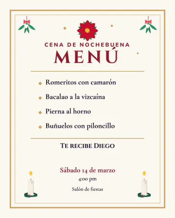 Menú de Nochebuena. Una tarjeta de menú de la cena de Nochebuena con regla dorada, muérdago, velas y cuatro platos que puedes cambiar.