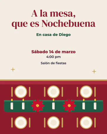 A la mesa. La mesa de Nochebuena vista desde arriba, con seis platos, velas y nochebuenas al centro.