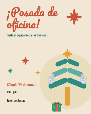 Posada de oficina. Arbolito, estrellas y regalos como de tarjeta navideña de los años cincuenta.