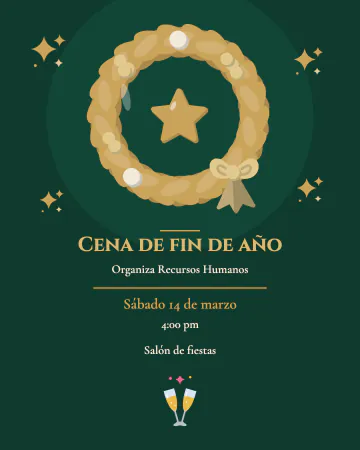 Corona de oro. Una corona de pino dorada con una estrella al centro sobre verde profundo, con copas de brindis y letras finas.