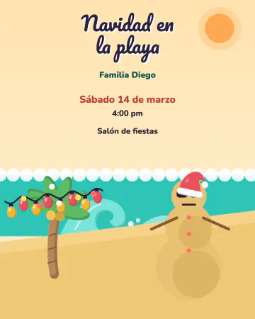 Navidad en la playa. Un muñeco de arena con lentes de sol y gorro, una palmera con luces y olas que van y vienen.