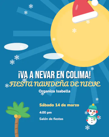 Va a nevar en Colima. Un sol enorme con gorro navideño, una palmera y nieve cayendo sobre un cielo turquesa.