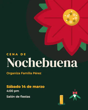 Nochebuena roja. Una nochebuena grandota con muérdago y vela dorada sobre verde.