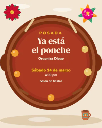 Ya está el ponche. Una olla de barro vista desde arriba, con el ponche humeante y las frutas en la orilla, con nochebuena, piñata y jarrit…