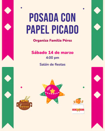 Papel picado navideño. Tiras de papel picado a los lados, piñata y ponche.