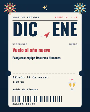 Vuelo al año nuevo. Un pase de abordar de diciembre a enero, con talón perforado, código de barras, un avioncito de papel, fuegos artificia…