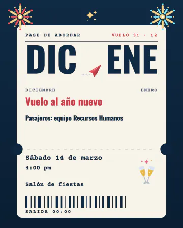 Vuelo al año nuevo. Pase de abordar de diciembre a enero con avioncito de papel y copas.