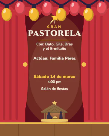 Gran pastorela. Telón rojo y el reparto como programa de teatro.
