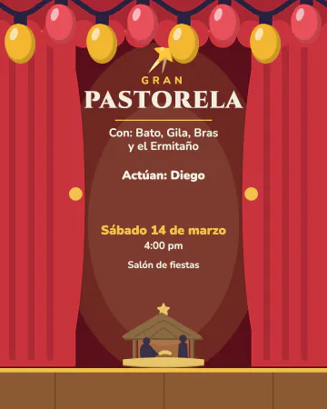 Gran pastorela. Un telón rojo abierto con el reparto escrito como programa de teatro.