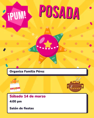 Posada de historieta. Piñata de cómic con un "¡PUM!" enorme y dulces que caen.