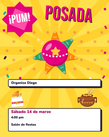 ¡PUM! Posada. Una piñata de siete picos al estilo historieta, con puntos de imprenta, rayos de color y un globo de "¡PUM!".
