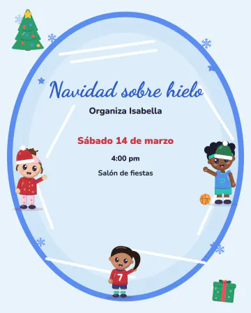 Fiesta sobre hielo. Una pista de patinaje ovalada vista desde arriba, con las estelas de los patines y tres niños en la orilla.