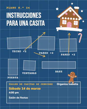 Plano de la casita. Un plano azul de arquitecto con las piezas de una casita de jengibre y la casita ya armada.