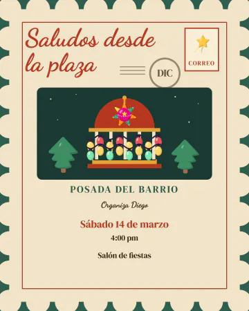 Saludos desde la plaza. Una postal antigua con borde festoneado, el kiosco de la plaza con foquitos y una piñata, sello y matasellos.