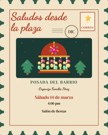 Postal del kiosco. Postal antigua con el kiosco de la plaza iluminado y una piñata.