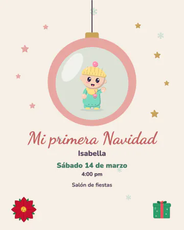 Mi primera Navidad. Una esfera pastel colgada de un hilo con el bebé asomado adentro, estrellitas y copitos.