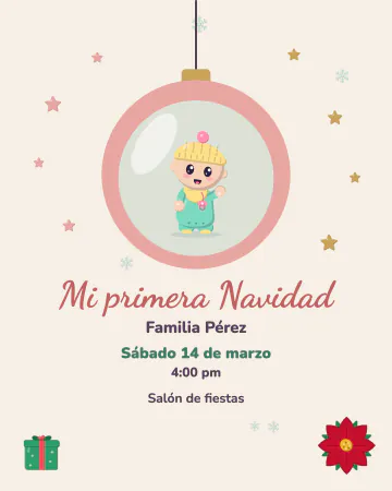 Mi primera Navidad. El bebé asomado en una esfera de colores pastel, con estrellitas y nieve.