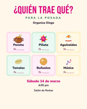 ¿Quién trae qué?. Seis tarjetas (ponche, piñata, aguinaldos, tamales, buñuelos y música) para repartir lo que trae cada vecino a la posad…