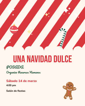 Una Navidad dulce. Rayas de bastón de dulce cortadas por una ola, con un bastón grande, una esfera, una galleta de jengibre y destellos.