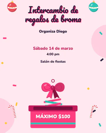 Regalo de broma. De una caja rosa sale un resorte con un moño gigante y confeti cayendo.