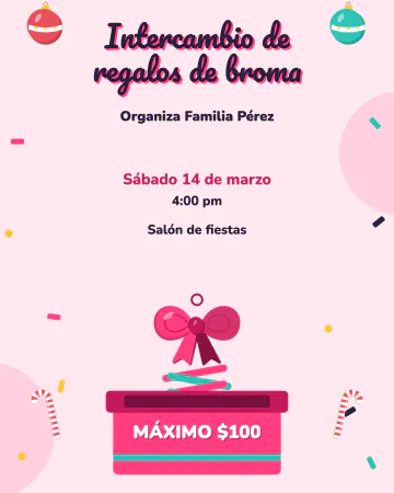 Regalo de broma. Una caja de la que salta un moño con resorte y confeti.