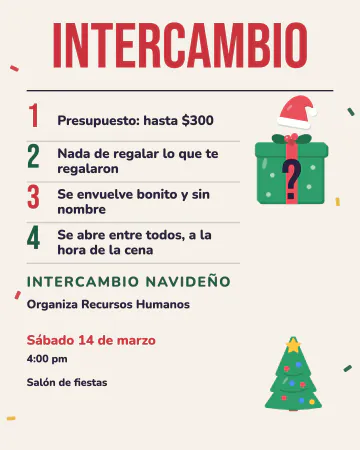 Las reglas. La palabra INTERCAMBIO enorme y cuatro reglas numeradas que tú escribes, con un regalo de interrogación con gorro navid…
