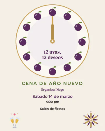 12 uvas, 12 deseos. Un reloj donde las doce horas son doce uvas, con manecillas doradas en las doce, copas de brindis y fuegos artificiales.