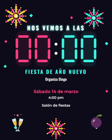 A las 00:00. La hora 00:00 en números de reloj digital de neón, con fuegos artificiales y chispas.