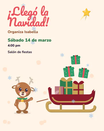 Cascabel y el trineo. Un renito jala un trineo cargado de regalos, con una pila de regalos encima y la estrella de Belén arriba.