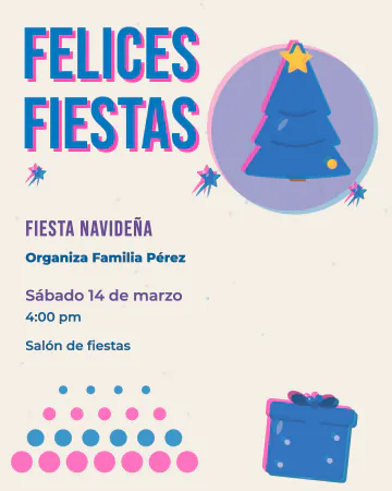 Felices fiestas. Arbolito, regalo y estrellas en rosa y azul, como impresos a mano.