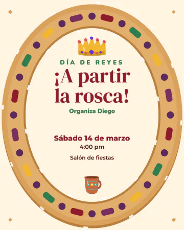 A partir la rosca. Una rosca ovalada que llena toda la invitación, con ate, higos y azúcar; el texto va en el hueco.