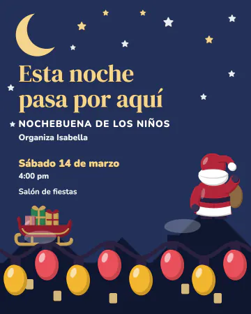 Esta noche pasa. Santa, visto de espaldas con su costal, camina sobre los tejados de noche bajo una luna y muchas estrellas.
