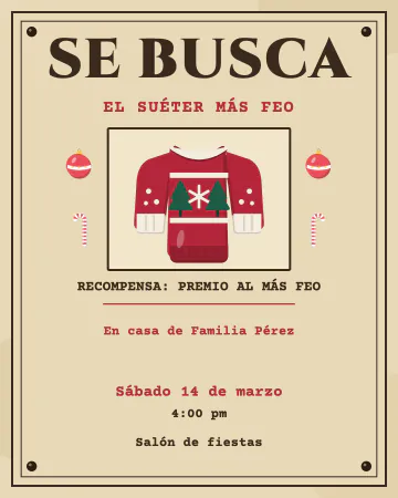 Se busca el suéter más feo. Cartel de "se busca" con un suéter navideño y premio al más feo.