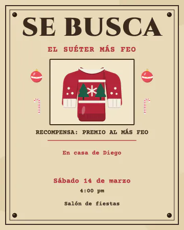 Se busca el suéter más feo. Cartel de "se busca" del viejo oeste con un suéter navideño en el retrato y recompensa para el más feo.