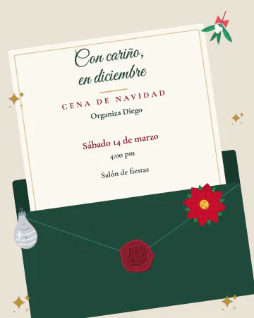 Con cariño. Un sobre abierto en diagonal con lacre vino, muérdago, una nochebuena y una esfera, y una tarjeta que sale con tus dato…