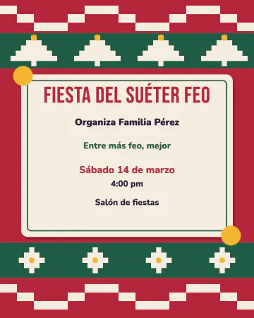 Fiesta del suéter feo. Todo parece un suéter tejido con pinos y copos.