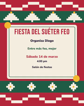 Fiesta del suéter feo. Todo el lienzo parece un suéter tejido, con pinos, copos y zigzag, y un parche crema al centro con tus datos.
