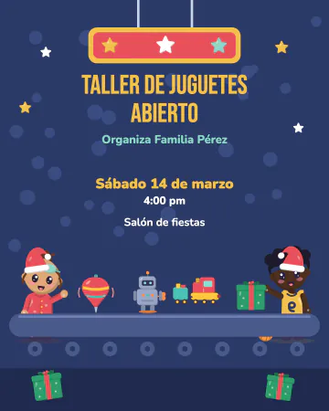 Taller de juguetes. Juguetes recién hechos salen del taller y dos niños con gorro se asoman.