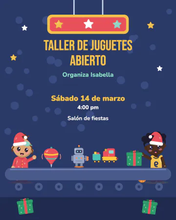 Taller de juguetes. Una banda de taller lleva juguetes recién hechos mientras dos niños con gorro se asoman.