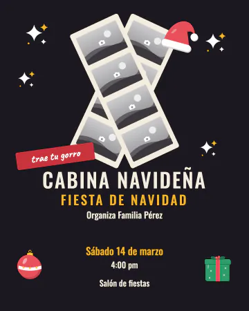 Cabina navideña. Dos tiras de fotos de cabina con tus fotos y una etiqueta de "trae tu gorro".