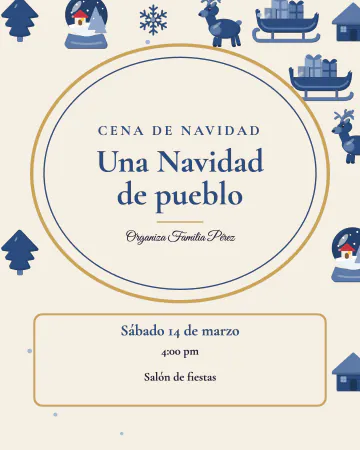 Navidad de pueblo. Casitas, pinos, trineo y renos en azul con dorado.