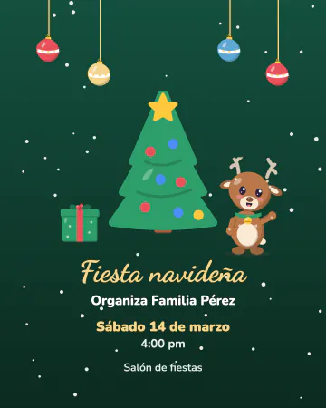 Fiesta navideña. Arbolito con esferas, un reno y nieve cayendo.