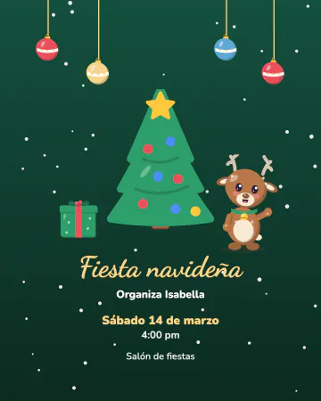 Fiesta navideña. Arbolito con esferas, reno y nieve cayendo sobre verde.