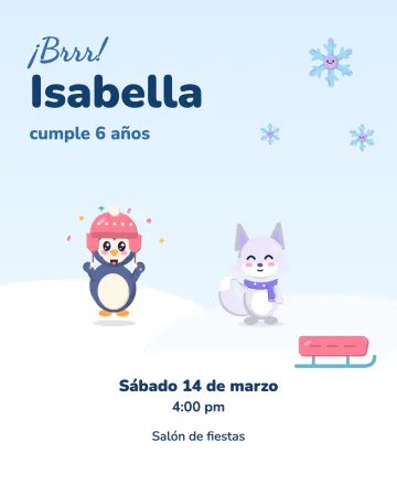 Pingüinos en la nieve. Fresca y minimalista: un pingüinito y un zorro ártico juegan en la nieve con un trineo.
